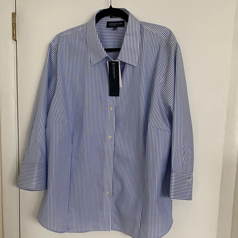 Jones New York Women's Blue Striped Button Down Shirt